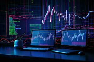 two laptops and a desk with a screen showing stock market graphs. Generative AI photo