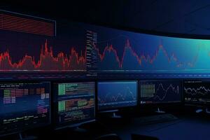 a computer screen with multiple monitors showing stock market data. Generative AI photo