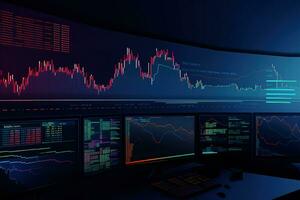 stock market trading screen with multiple monitors. Generative AI photo