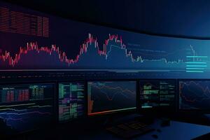 stock market trading screen with multiple monitors. Generative AI photo