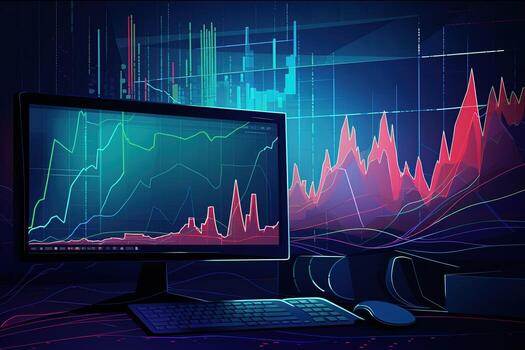 a computer monitor and a keyboard are in front of a graph. Generative AI photo