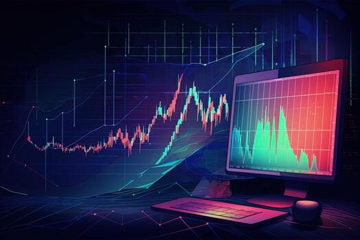 a computer monitor and a screen with a chart. Generative AI photo