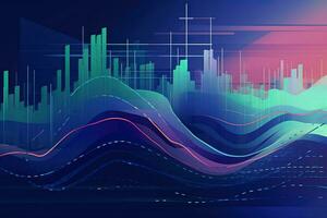 abstract image of a graph with a line of data. abstract digital city skyline with waves and lines. Generative AI photo