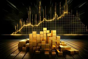 gold bars on a black background with an upward trend line. Generative AI photo