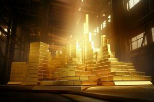 gold bars stacked in a factory. Generative AI photo