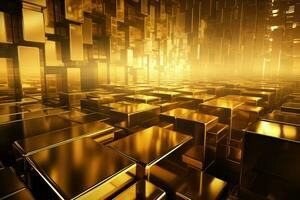 golden cubes in a room with a bright light. Generative AI photo