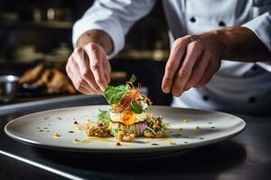 ai generativo cocinero arreglando comida en un plato cerca arriba Disparo foto