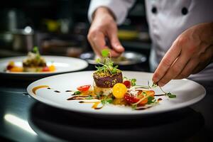 ai generativo cocinero arreglando comida en un plato cerca arriba Disparo foto