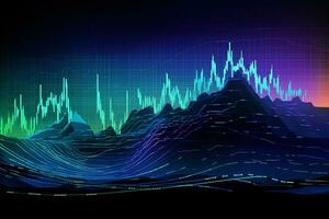 Futuristic background with financial graphs and charts on the dark blue background. Generative AI photo