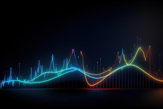 colorful wave line graph on black background. Generative AI photo