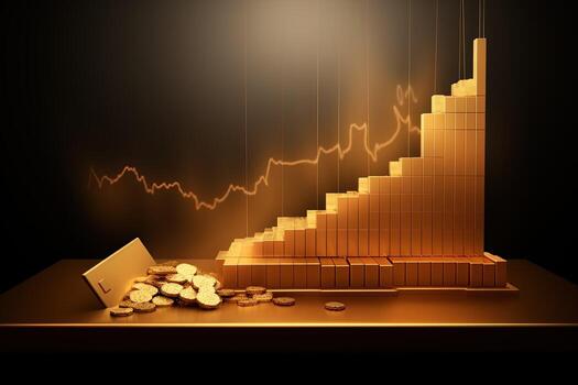 golden coins and a bar graph on a table. Generative AI photo