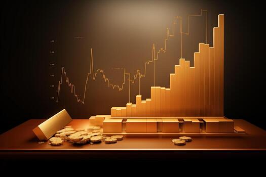 golden bars on a table with a graph chart. Generative AI photo