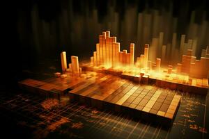3d rendering of a gold bar graph. Generative AI photo