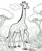 giraffe in the jungle coloring page. Generative AI photo