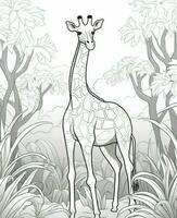 giraffe in the jungle coloring page. Generative AI photo
