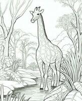 giraffe in the jungle coloring page. Generative AI photo