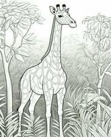 giraffe in the jungle coloring page. Generative AI photo