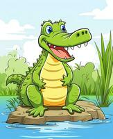 cartoon crocodile sitting on a rock in the water. Generative AI photo