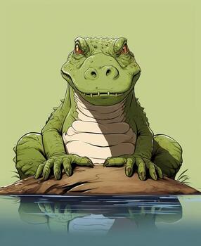 a cartoon alligator sitting on a rock in the water. Generative AI photo