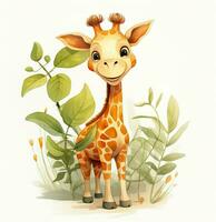 a cartoon giraffe standing in the grass. Generative AI photo