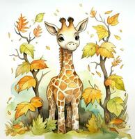 watercolor illustration of a cute giraffe in the autumn forest. Generative AI photo