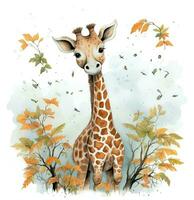 watercolor illustration of a giraffe in the autumn forest. Generative AI photo