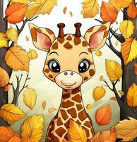 cartoon giraffe in the autumn forest. Generative AI photo