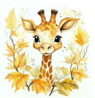 watercolor illustration of cute giraffe in autumn leaves. Generative AI photo