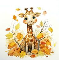 watercolor illustration of cute giraffe in autumn leaves. Generative AI photo