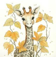 a watercolor painting of a giraffe surrounded by leaves. Generative AI photo