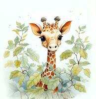 watercolor illustration of a giraffe in the bushes. Generative AI photo