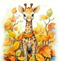 watercolor illustration of a cute giraffe in autumn leaves. Generative AI photo