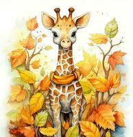 watercolor illustration of a cute giraffe in autumn leaves. Generative AI photo