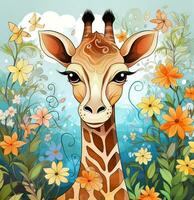 a giraffe in the flowers with butterflies and flowers. Generative AI photo