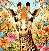 a giraffe with flowers and leaves in the background. Generative AI photo
