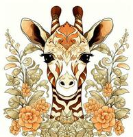 giraffe with flowers and leaves on a white background. Generative AI photo