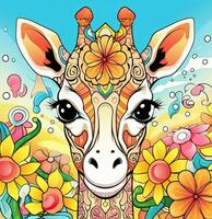 a giraffe with flowers and butterflies on it's head. Generative AI photo