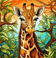 a giraffe in the jungle with trees and leaves. Generative AI photo