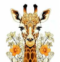 giraffe with flowers and leaves on a white background. Generative AI photo