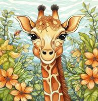 a giraffe in the jungle with flowers and leaves. Generative AI photo