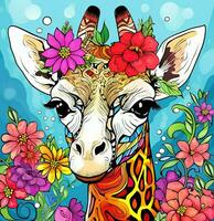 a giraffe with flowers on its head. Generative AI photo