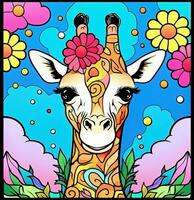 un jirafa con flores en sus cabeza en un vistoso antecedentes. generativo ai foto