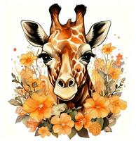 watercolor giraffe with flowers on white background. Generative AI photo