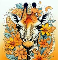 a giraffe with flowers and leaves on an orange background. Generative AI photo