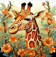 a giraffe in a floral arrangement with orange flowers. Generative AI photo