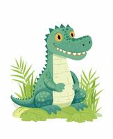 cute cartoon crocodile sitting on grass, vector illustration. Generative AI photo