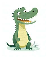 cute cartoon crocodile sitting on grass, smiling and looking at the camera. Generative AI photo