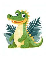 cute cartoon crocodile with leaves and palm tree vector illustration. Generative AI photo