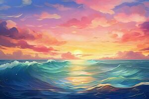 un Oceano escena con un vistoso puesta de sol y nubes generativo ai foto