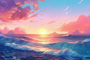 an animated painting of the ocean at sunset. Generative AI photo